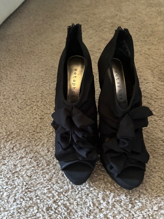 Shoes - Black Satin Ruffle Peep Toe Platform Stiletto Heels Booties